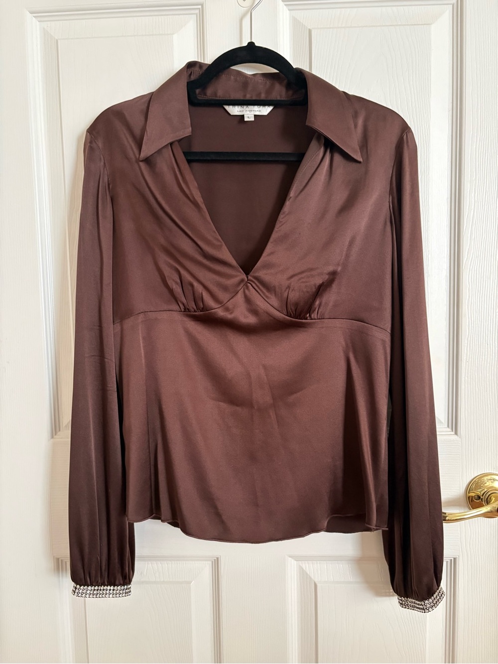 Trina Turk Chocolate Brown Silk V-Neck Blouse W/Crystal Detail